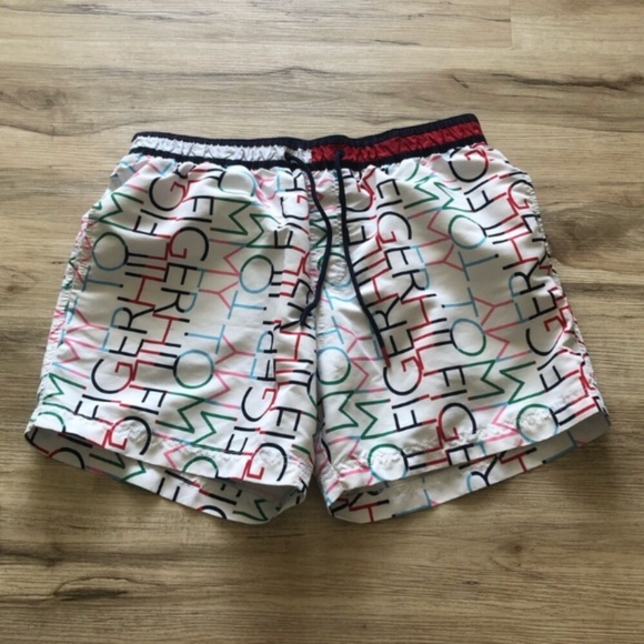 Tommy Hilfiger Men's Logo Print Swim Trunks - White, Red, Green, Blue - Picture 1 of 9